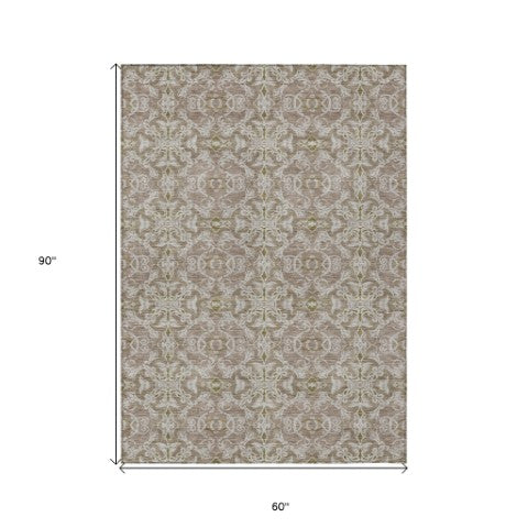 Homeroots 3' Artichoke Green Medallion Washable Area Rug - Stylish, Durable, Indoor Outdoor Decor Solution 5' X 8' Polyester 586805