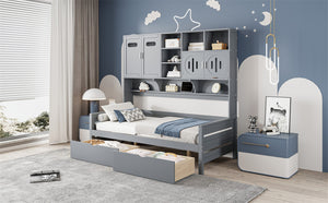 English Elm Twin Size Wooden Daybed With Storage Drawers, Sleek Gray Finish, Cabinet & Shelf For Space-Saving Use N820S00015E-GIGA