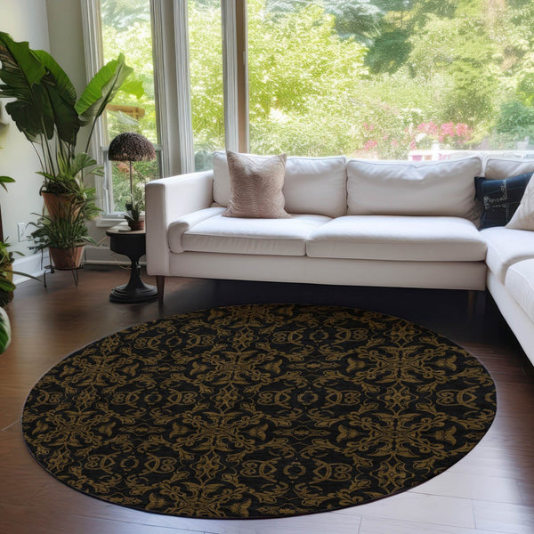 Homeroots 3' Brown And Black Medallion Washable Area Rug - Stylish, Durable, Indoor/Outdoor Decor Solution 8' Round Polyester 586848