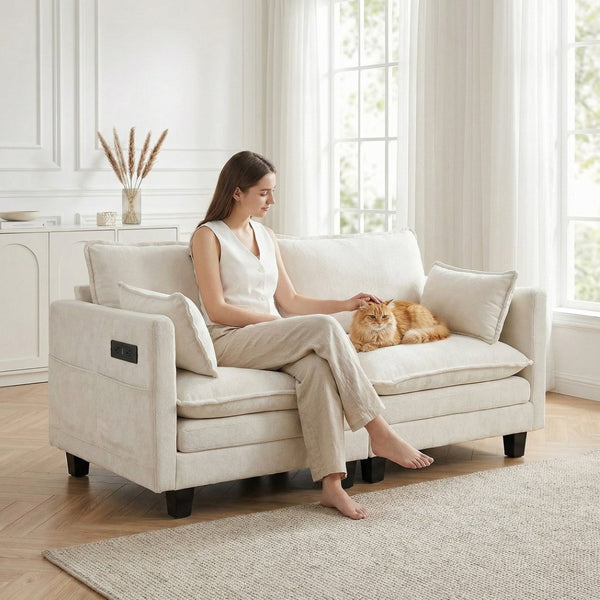 English Elm Modern Chenille Upholstered Loveseat with Usb Ports and Pockets for Compact Living Beige White W2519P486071