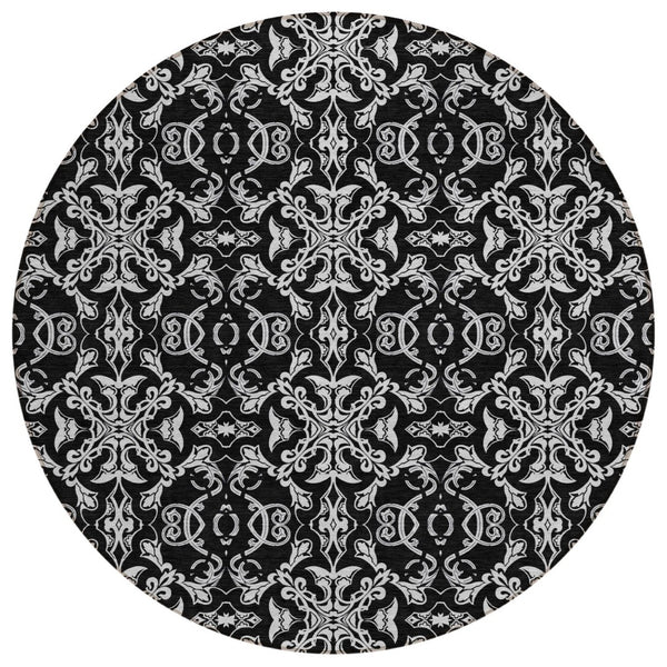 HomeRoots 5' Elegant Ivory and Black Medallion Indoor Outdoor Area Rug - Durable, Washable, Timeless Style 8' Round 586866