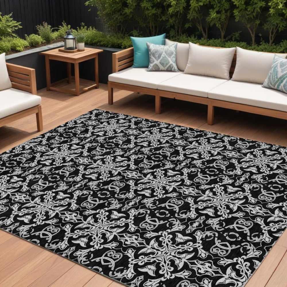 HomeRoots 5' Elegant Ivory and Black Medallion Indoor Outdoor Area Rug - Durable, Washable, Timeless Style 8' X 10' 586867