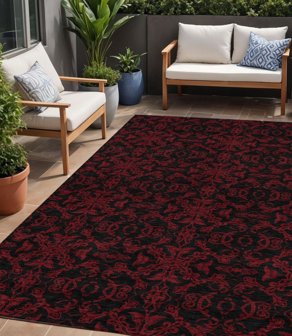 HomeRoots 5' Red and Black Medallion Area Rug - Durable, Washable, Stylish for Indoor and Outdoor Spaces 5' X 8' 586877