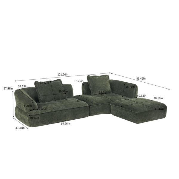 English Elm 122" L-shaped Sectional with Deep Chaise High Density Foam Low Profile Living Room Sofa Green N767P371309G