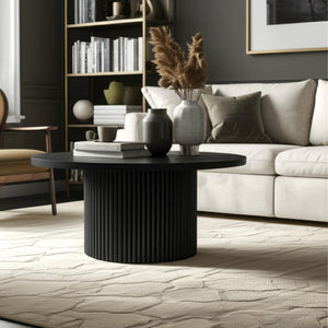 Alpine Furniture Reba Sculptural Round Cocktail Table With Fluted Base And Oak Veneer Top, 39.5" Diameter Black 5868BLK-61