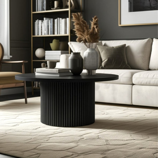 Alpine Furniture Reba Sculptural Round Cocktail Table With Fluted Base And Oak Veneer Top, 39.5" Diameter Black 5868BLK-61