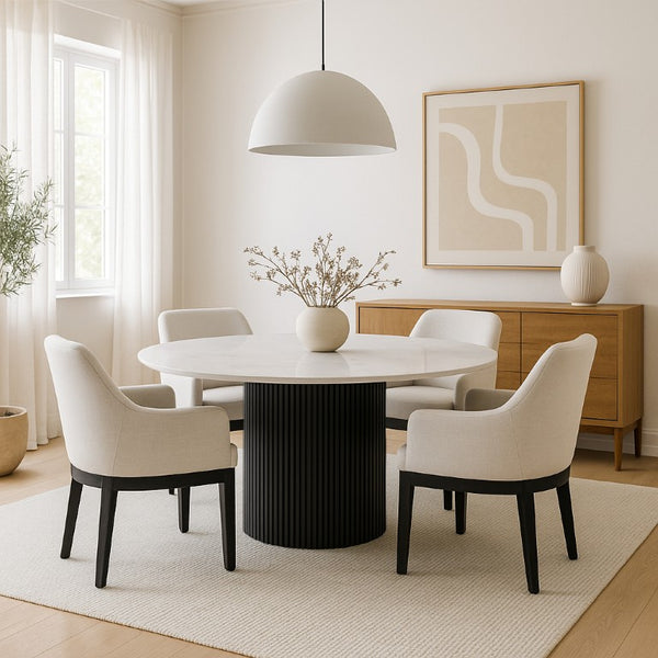 Alpine Furniture Reba Round Dining Table With Ribbed Mindi Wood Base And Durable Quartz Top For Stylish Gathering Spaces Black 5868BLK-QUA-25
