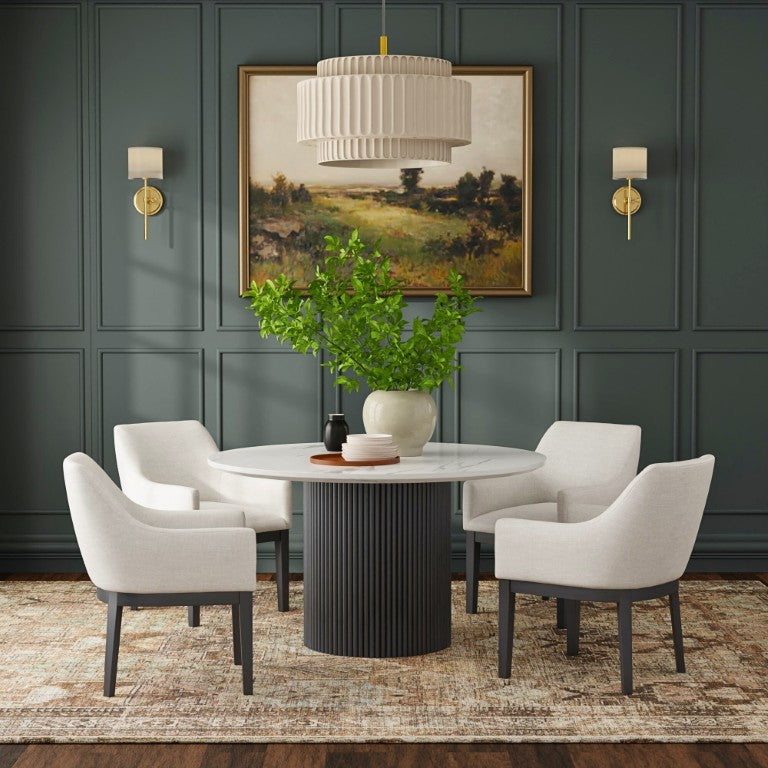 Alpine Furniture Reba Round Dining Table With Ribbed Mindi Wood Base And Durable Quartz Top For Stylish Gathering Spaces Black 5868BLK-QUA-25