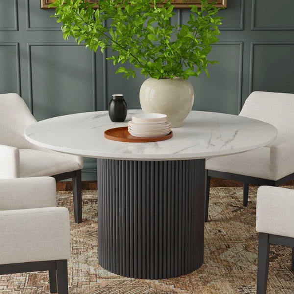 Alpine Furniture Reba Round Dining Table With Ribbed Mindi Wood Base And Durable Quartz Top For Stylish Gathering Spaces Black 5868BLK-QUA-25
