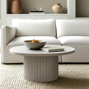 Alpine Furniture Reba Sculptural Round Cocktail Table With Fluted Base And Oak Veneer Top, 39.5" Diameter Natural White Wash 5868W-61
