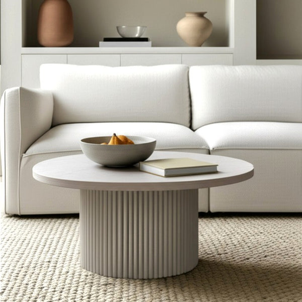 Alpine Furniture Reba Sculptural Round Cocktail Table With Fluted Base And Oak Veneer Top, 39.5" Diameter Natural White Wash 5868W-61