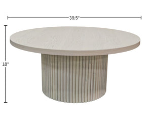 Alpine Furniture Reba Sculptural Round Cocktail Table With Fluted Base And Oak Veneer Top, 39.5" Diameter Natural White Wash 5868W-61