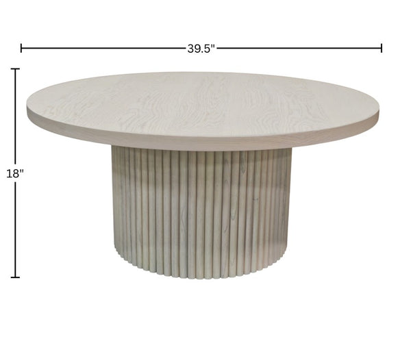 Alpine Furniture Reba Sculptural Round Cocktail Table With Fluted Base And Oak Veneer Top, 39.5" Diameter Natural White Wash 5868W-61