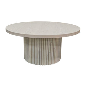 Alpine Furniture Reba Sculptural Round Cocktail Table With Fluted Base And Oak Veneer Top, 39.5" Diameter Natural White Wash 5868W-61