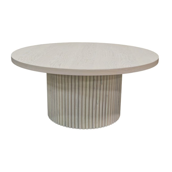 Alpine Furniture Reba Sculptural Round Cocktail Table With Fluted Base And Oak Veneer Top, 39.5" Diameter Natural White Wash 5868W-61