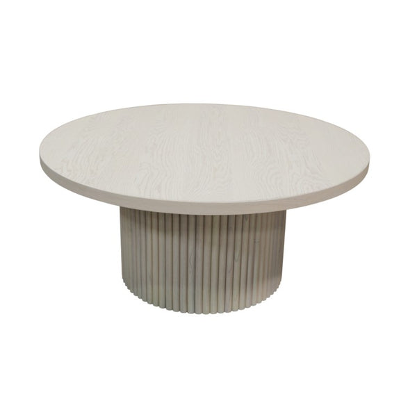 Alpine Furniture Reba Sculptural Round Cocktail Table With Fluted Base And Oak Veneer Top, 39.5" Diameter Natural White Wash 5868W-61