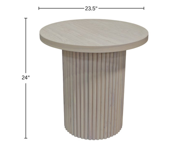 Alpine Furniture Reba Round End Table With Fluted Base — Handcrafted Mindi Wood Accent Table For Modern Living Spaces Natural White Wash 5868W-62
