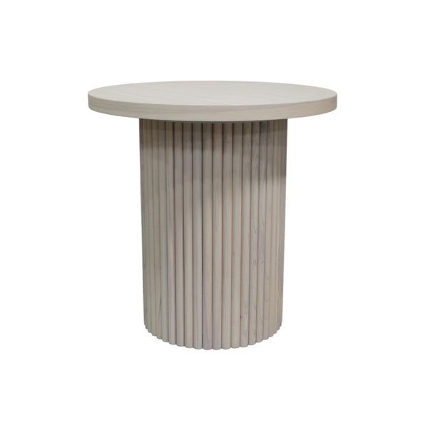 Alpine Furniture Reba Round End Table With Fluted Base — Handcrafted Mindi Wood Accent Table For Modern Living Spaces Natural White Wash 5868W-62