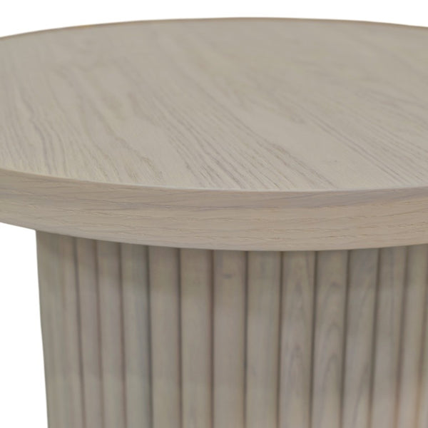 Alpine Furniture Reba Round End Table With Fluted Base — Handcrafted Mindi Wood Accent Table For Modern Living Spaces Natural White Wash 5868W-62