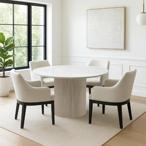 Alpine Furniture Reba Round Dining Table With Ribbed Mindi Wood Base And Durable Quartz Top For Stylish Gathering Spaces Natural White Wash 5868W-QUA-25
