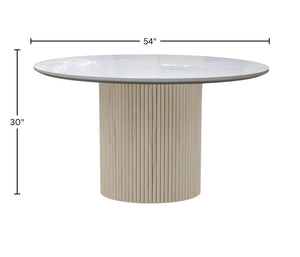 Alpine Furniture Reba Round Dining Table With Ribbed Mindi Wood Base And Durable Quartz Top For Stylish Gathering Spaces Natural White Wash 5868W-QUA-25