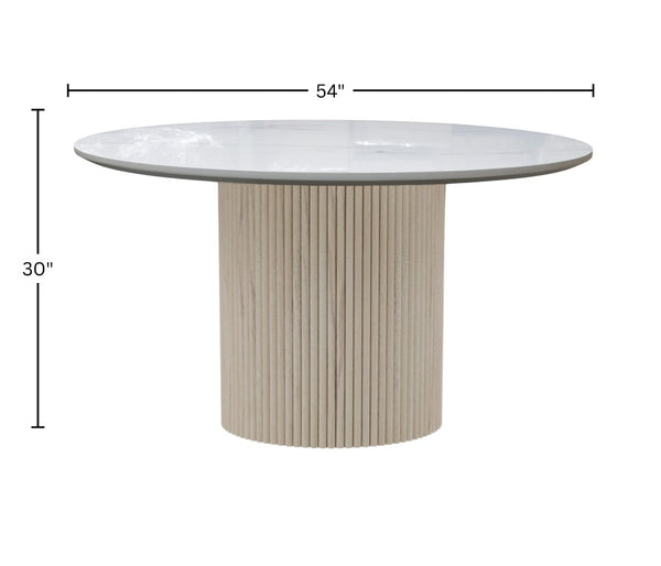 Alpine Furniture Reba Round Dining Table With Ribbed Mindi Wood Base And Durable Quartz Top For Stylish Gathering Spaces Natural White Wash 5868W-QUA-25