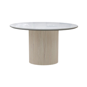 Alpine Furniture Reba Round Dining Table With Ribbed Mindi Wood Base And Durable Quartz Top For Stylish Gathering Spaces Natural White Wash 5868W-QUA-25