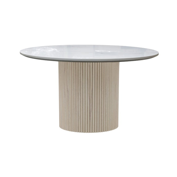 Alpine Furniture Reba Round Dining Table With Ribbed Mindi Wood Base And Durable Quartz Top For Stylish Gathering Spaces Natural White Wash 5868W-QUA-25