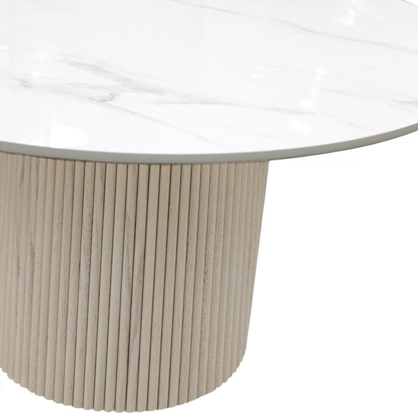 Alpine Furniture Reba Round Dining Table With Ribbed Mindi Wood Base And Durable Quartz Top For Stylish Gathering Spaces Natural White Wash 5868W-QUA-25