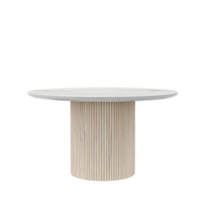 Alpine Furniture Reba Round Dining Table With Ribbed Mindi Wood Base And Durable Quartz Top For Stylish Gathering Spaces Natural White Wash 5868W-QUA-25