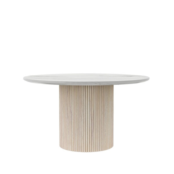 Alpine Furniture Reba Round Dining Table With Ribbed Mindi Wood Base And Durable Quartz Top For Stylish Gathering Spaces Natural White Wash 5868W-QUA-25