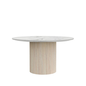 Alpine Furniture Reba Round Dining Table With Ribbed Mindi Wood Base And Durable Quartz Top For Stylish Gathering Spaces Natural White Wash 5868W-QUA-25