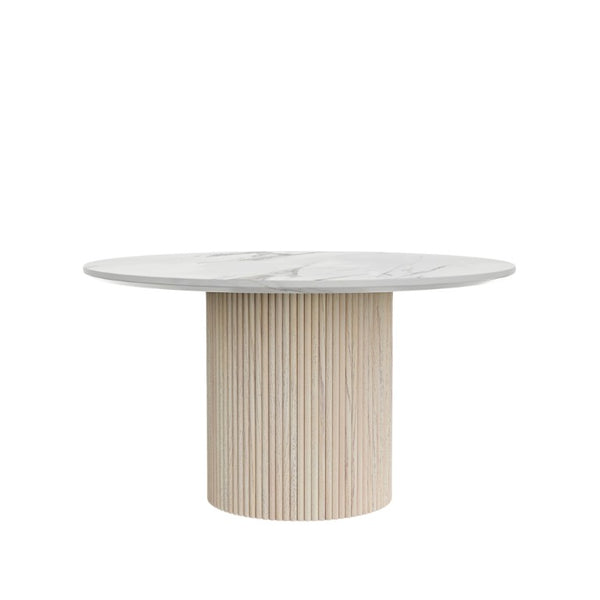 Alpine Furniture Reba Round Dining Table With Ribbed Mindi Wood Base And Durable Quartz Top For Stylish Gathering Spaces Natural White Wash 5868W-QUA-25