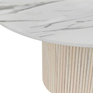 Alpine Furniture Reba Round Dining Table With Ribbed Mindi Wood Base And Durable Quartz Top For Stylish Gathering Spaces Natural White Wash 5868W-QUA-25