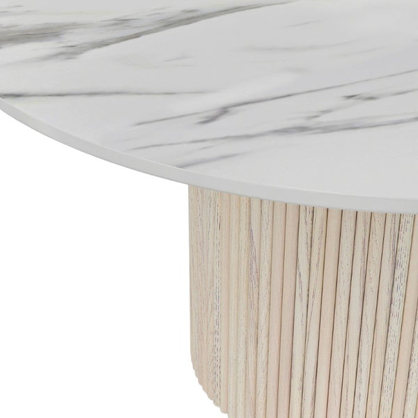 Alpine Furniture Reba Round Dining Table With Ribbed Mindi Wood Base And Durable Quartz Top For Stylish Gathering Spaces Natural White Wash 5868W-QUA-25