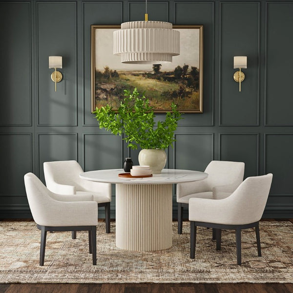 Alpine Furniture Reba Round Dining Table With Ribbed Mindi Wood Base And Durable Quartz Top For Stylish Gathering Spaces Natural White Wash 5868W-QUA-25