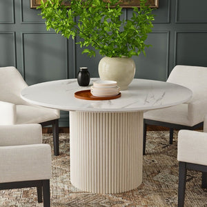 Alpine Furniture Reba Round Dining Table With Ribbed Mindi Wood Base And Durable Quartz Top For Stylish Gathering Spaces Natural White Wash 5868W-QUA-25