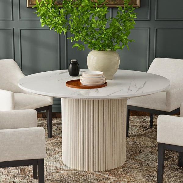 Alpine Furniture Reba Round Dining Table With Ribbed Mindi Wood Base And Durable Quartz Top For Stylish Gathering Spaces Natural White Wash 5868W-QUA-25