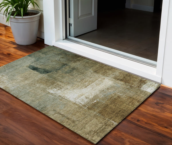 Homeroots 3' Abstract Brown Beige And Ivory Washable Area Rug For Indoor And Outdoor Spaces, Durable Style 3' X 5' Polyester 586912