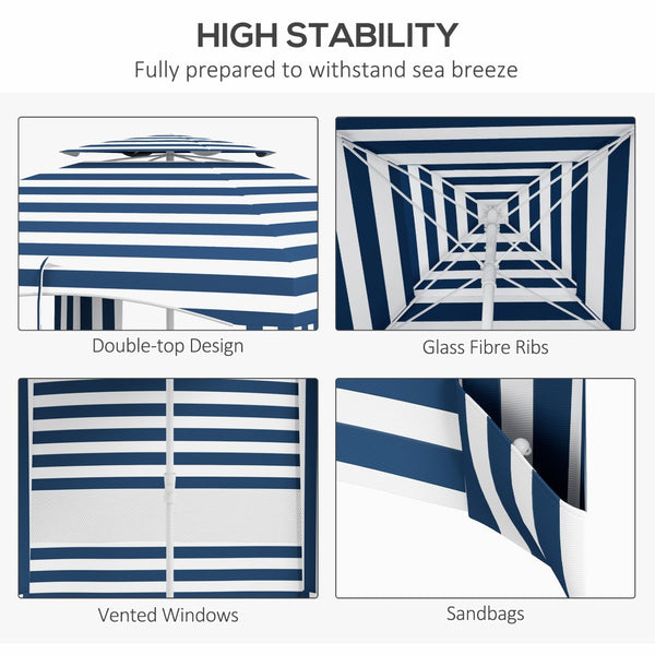 English Elm Outsunny 5.8' Portable Beach Umbrella Cabana With Vented Double-Top, Sandbags & Carry Bag, Blue Stripes W2225P174194-GIGA