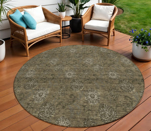 Homeroots 3' Brown And Beige Floral Washable Area Rug – Perfect For Indoor And Outdoor Spaces, Durable Design 8' Round Polyester 586962