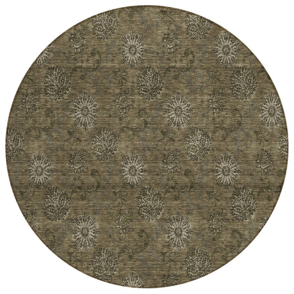 HomeRoots 5' Brown and Beige Floral Area Rug – Durable, Washable Design for Indoor and Outdoor Spaces 8' Round 586962