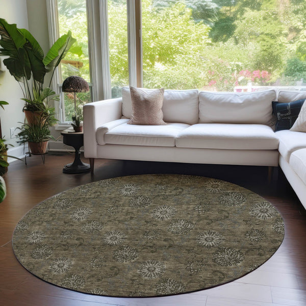 Homeroots 3' Brown And Beige Floral Washable Area Rug – Perfect For Indoor And Outdoor Spaces, Durable Design 8' Round Polyester 586962