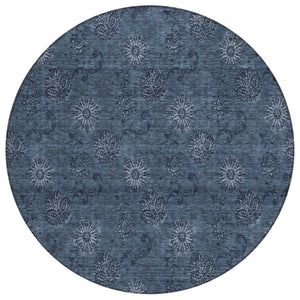 HomeRoots 5' Stylish Blue and Navy Floral Washable Area Rug for Indoor and Outdoor Spaces – Durable & Versatile 8' Round 586968