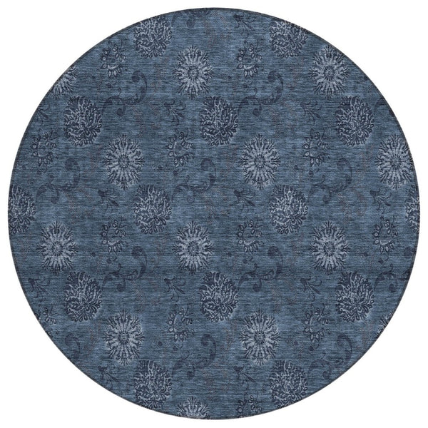 HomeRoots 5' Stylish Blue and Navy Floral Washable Area Rug for Indoor and Outdoor Spaces – Durable & Versatile 8' Round 586968