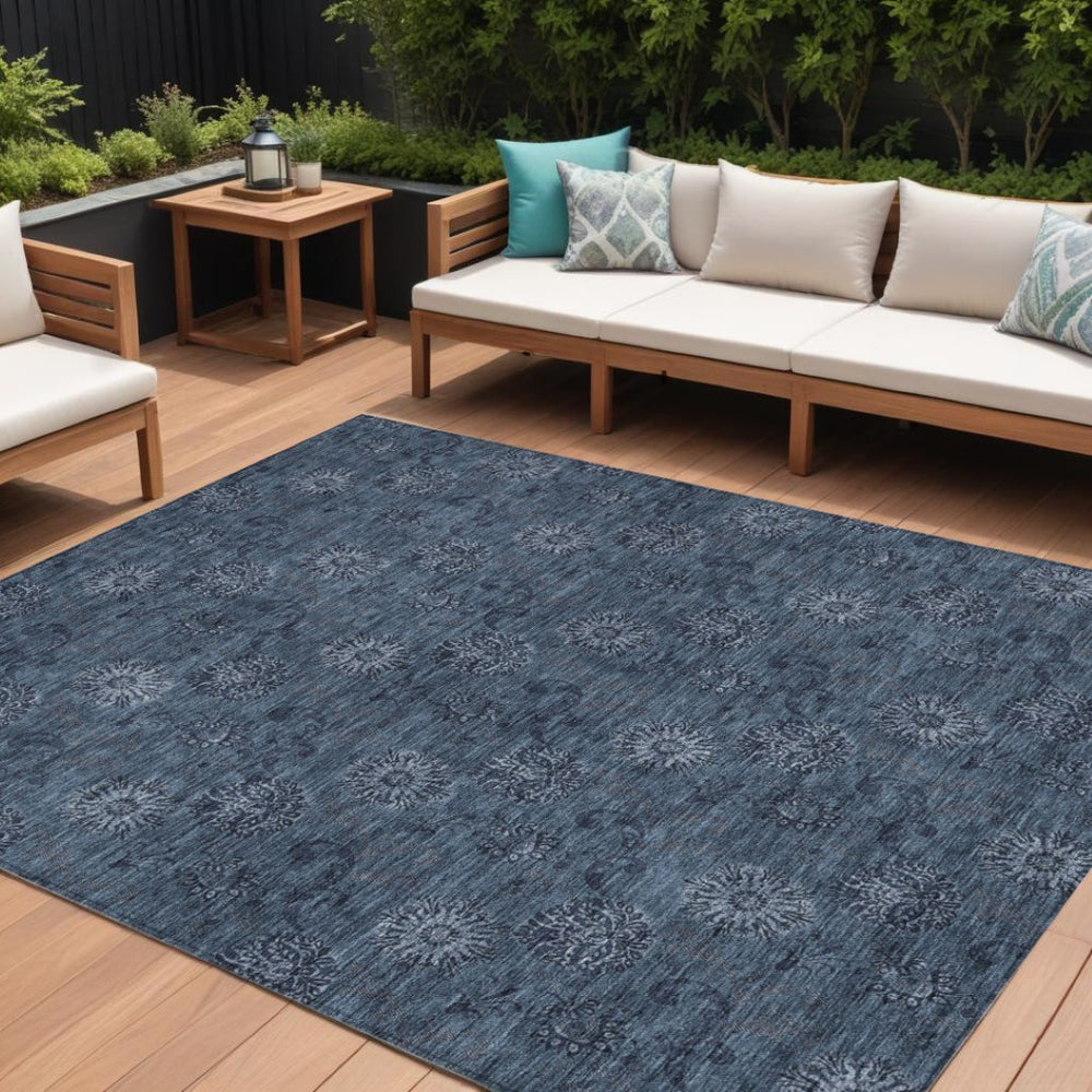 HomeRoots 5' Stylish Blue and Navy Floral Washable Area Rug for Indoor and Outdoor Spaces – Durable & Versatile 10' X 14' 586971