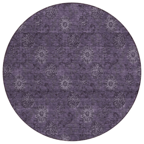 HomeRoots 5' Eggplant Floral Area Rug - Durable, Machine-Washable Design for Indoor & Outdoor Spaces 8' Round 586974