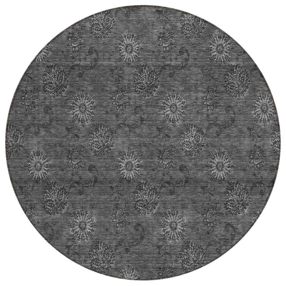 HomeRoots 5' Gray and Charcoal Floral Indoor Outdoor Area Rug - Stylish, Durable, and Machine Washable Design 8' Round 586980