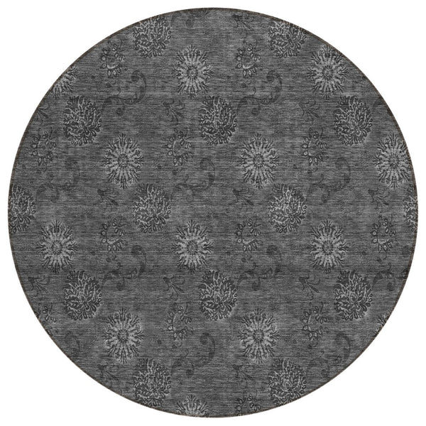HomeRoots 5' Gray and Charcoal Floral Indoor Outdoor Area Rug - Stylish, Durable, and Machine Washable Design 8' Round 586980