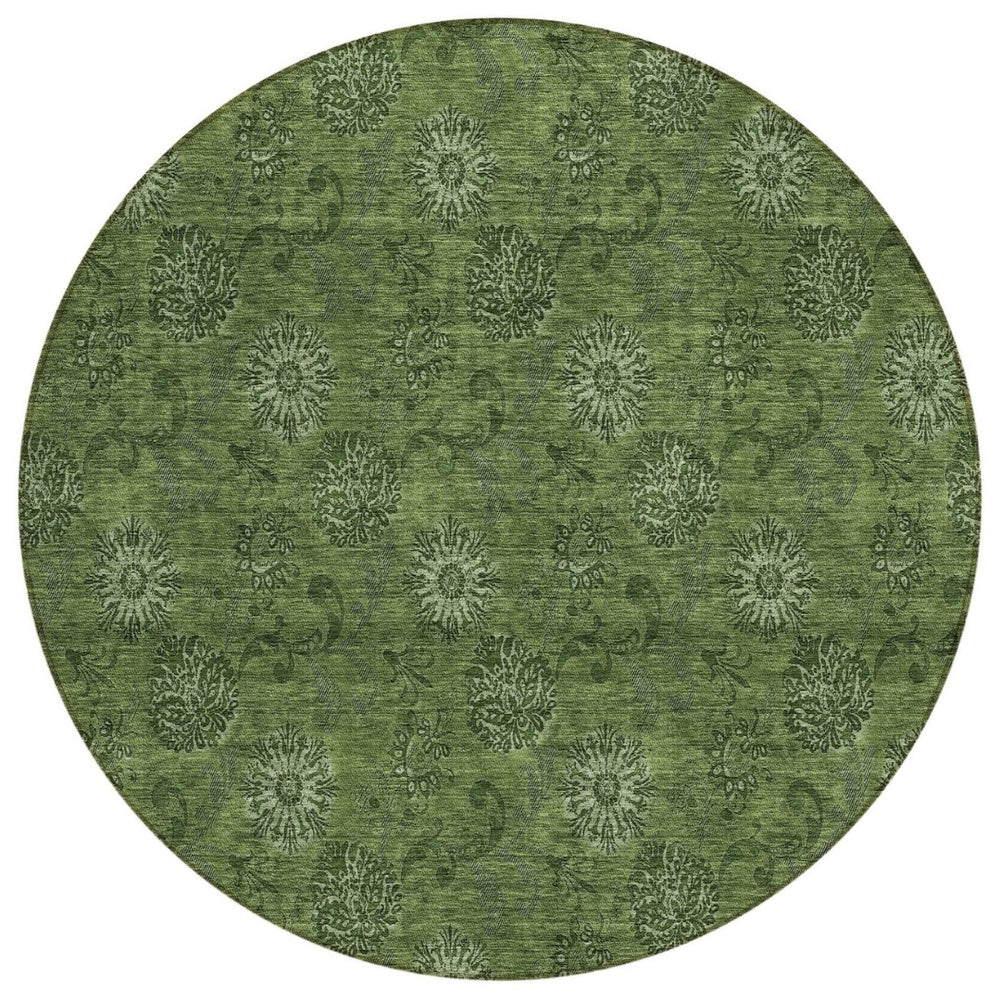 HomeRoots 5' Olive Green Floral Indoor Outdoor Area Rug – Stylish, Durable, Machine Washable for High Traffic Spaces 8' Round 586986
